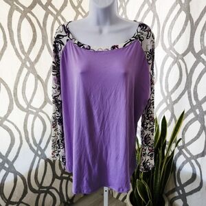 Purple Graphic Sleeve And Trim Detail Women's Lounge Wear Top
